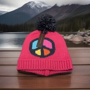 No Boundaries Pink Peace Sign Beanie Pom Pom Adult One Size